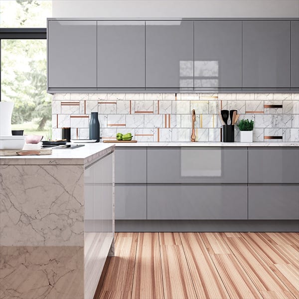 modern handleless gloss kitchen in dust grey